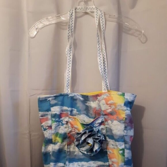 New Rainbow Clouds Tote Shopper Book shoulder Bag Blue Yellow Pink Double handle - Picture 2 of 8